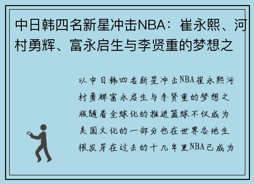 中日韩四名新星冲击NBA：崔永熙、河村勇辉、富永启生与李贤重的梦想之旅