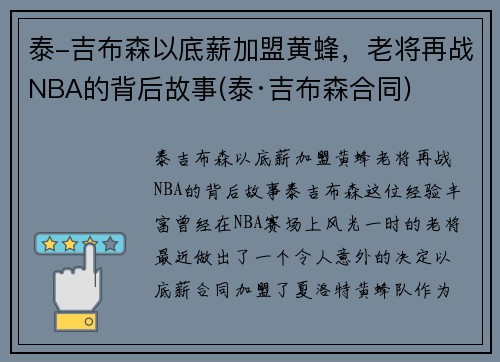 泰-吉布森以底薪加盟黄蜂，老将再战NBA的背后故事(泰·吉布森合同)